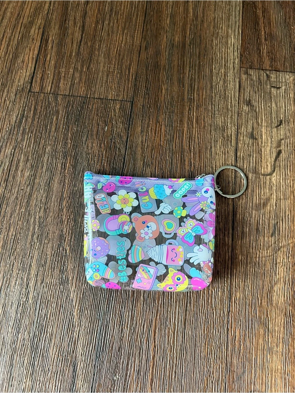 2 Cute Pastel Pink & Purple Sticker-Print Kids Coin Pouch with Keyring